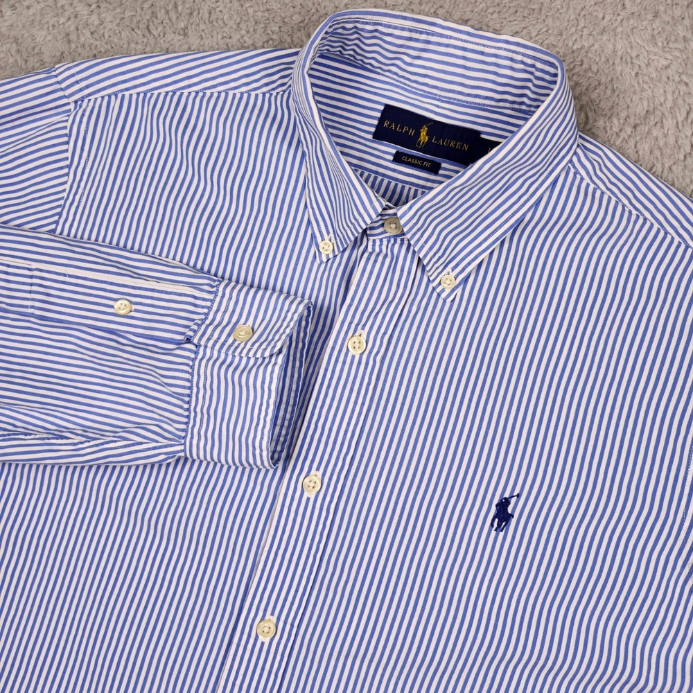 Ralph Lauren Shirt Mens L Blue Striped Long Sleeve Button-Up Classic Fit Preppy
